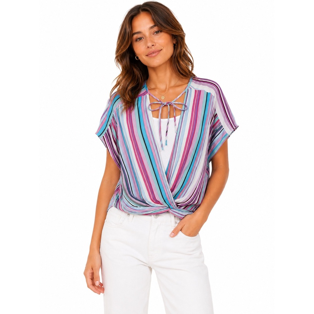 GiGiO Womens Purple Blue Striped Surplice Tie Neck Wrap Top Blouse TJ1100 M